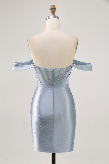 Corset Dusty Blue Bodycon Off The Shoulder Cocktail Dress